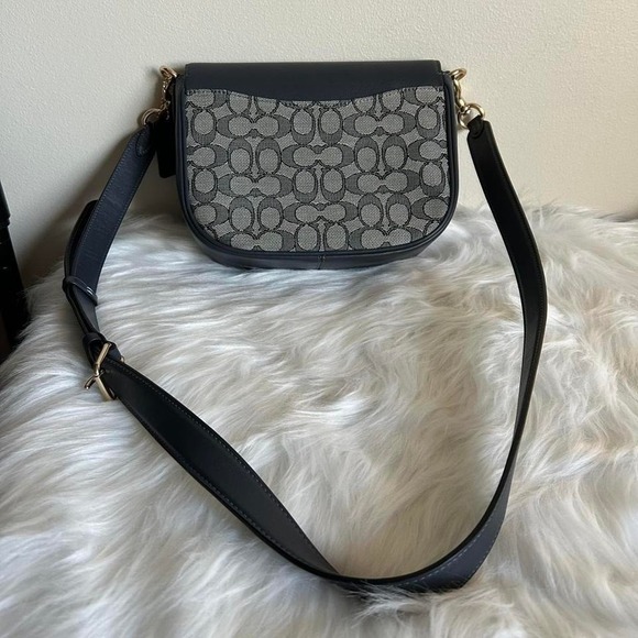 Coach Signature Jacquard Leather Saddle Bag Navy Blue Crossbody C4059 - Picture 5 of 8